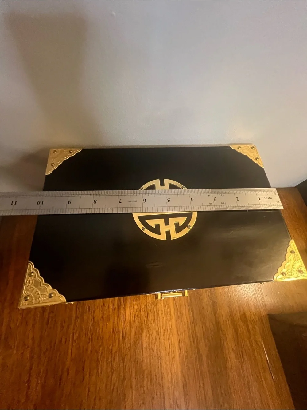 Vintage Asian Black Lacquer Jewelry Box Drawer Brass Hardware Chinese Longevity